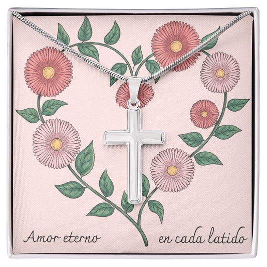 Amor Eterno en Cada Latido- Cruz- Corazón Floral Rosa